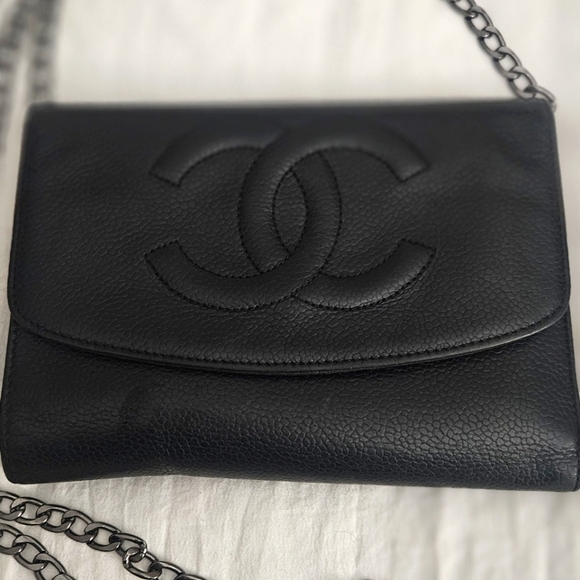 Authentic Chanel Black Lambskin Wallet On Silver Chain Vintage - Picture 4 of 10